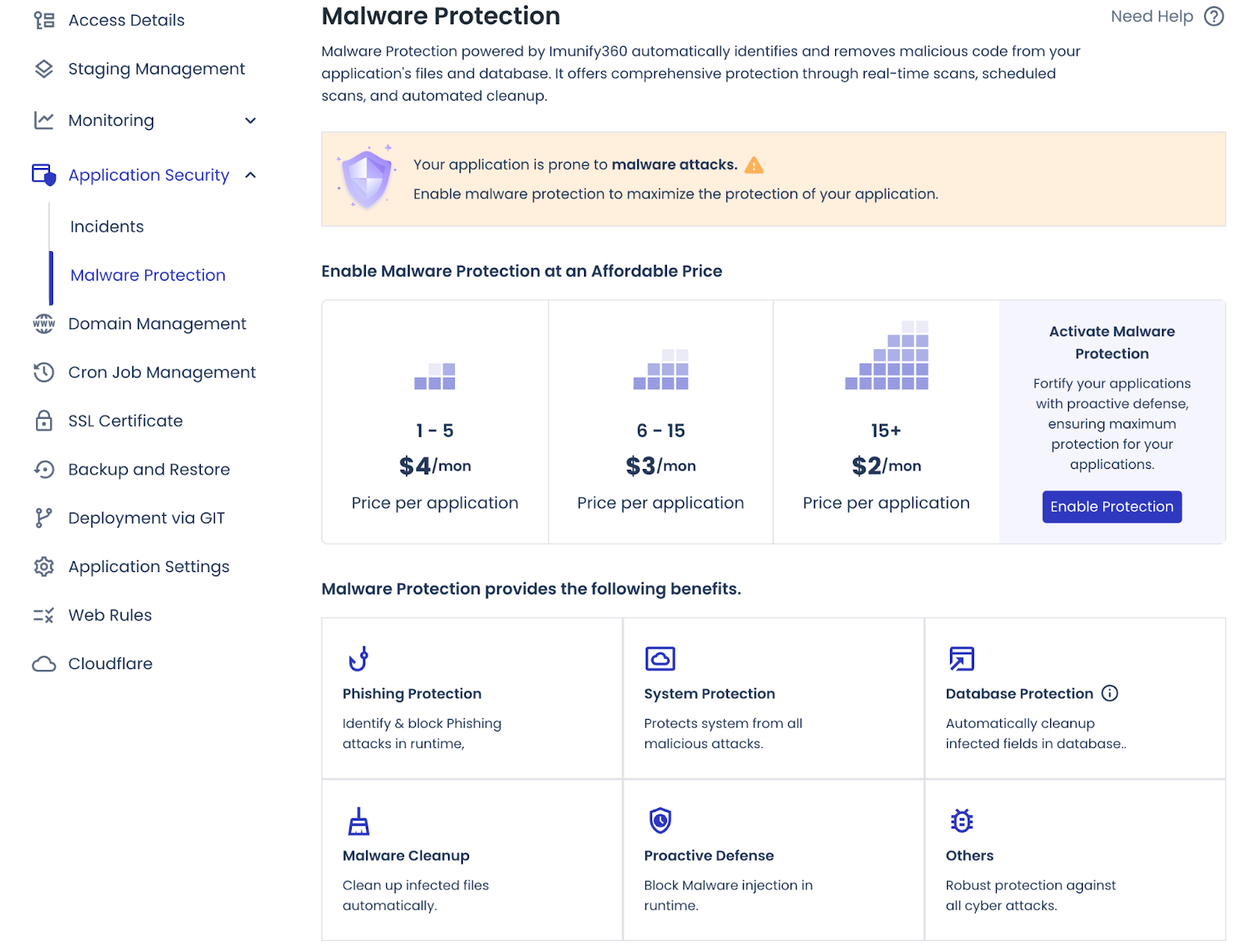 Cloudways dashboard displaying the built-in Malware Protection feature, with options to activate based on your plan