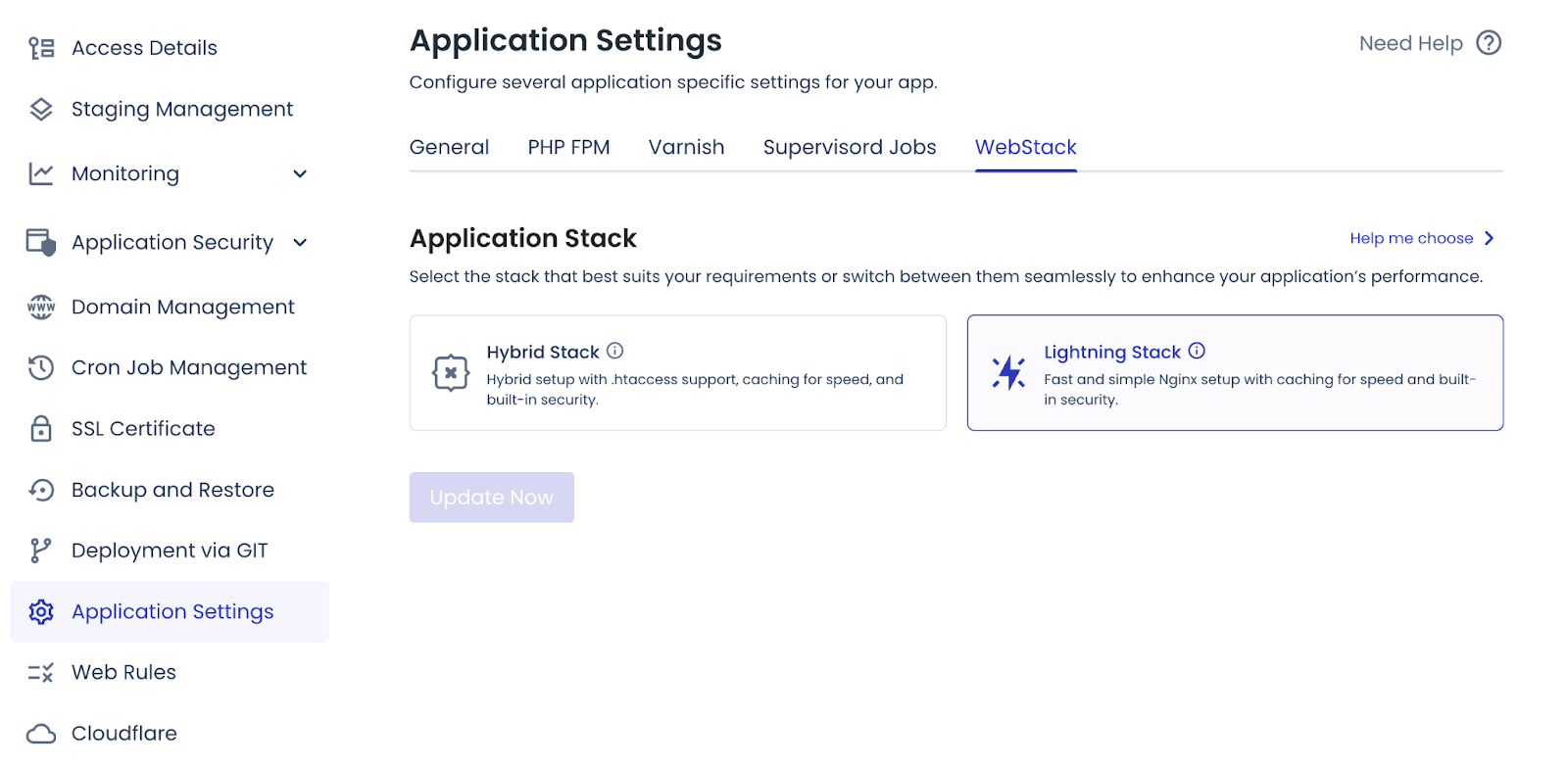 Cloudways dashboard displaying the option to select an application stack