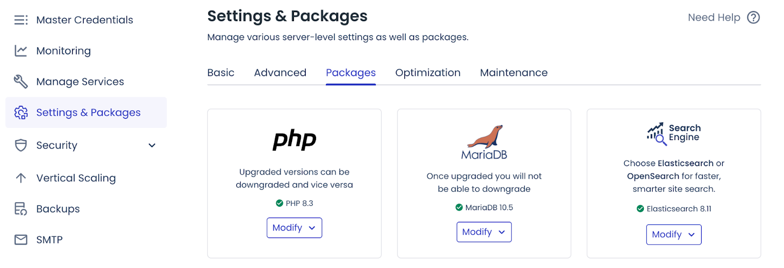 Cloudways dashboard showing the MariaDB package installation