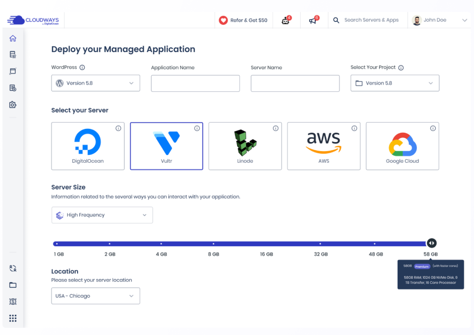 Cloudways dashboard showing the option to select a server