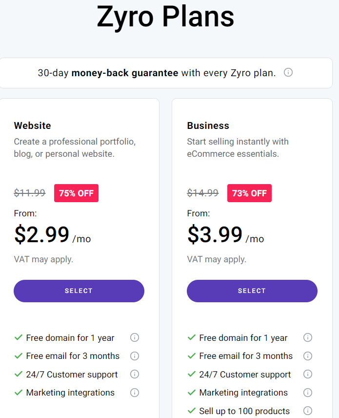 zyro pricing plans